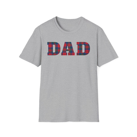 Gray t-shirt with 'DAD' in red blue and green plaid letters on a white background. Brilliantmischief.shop