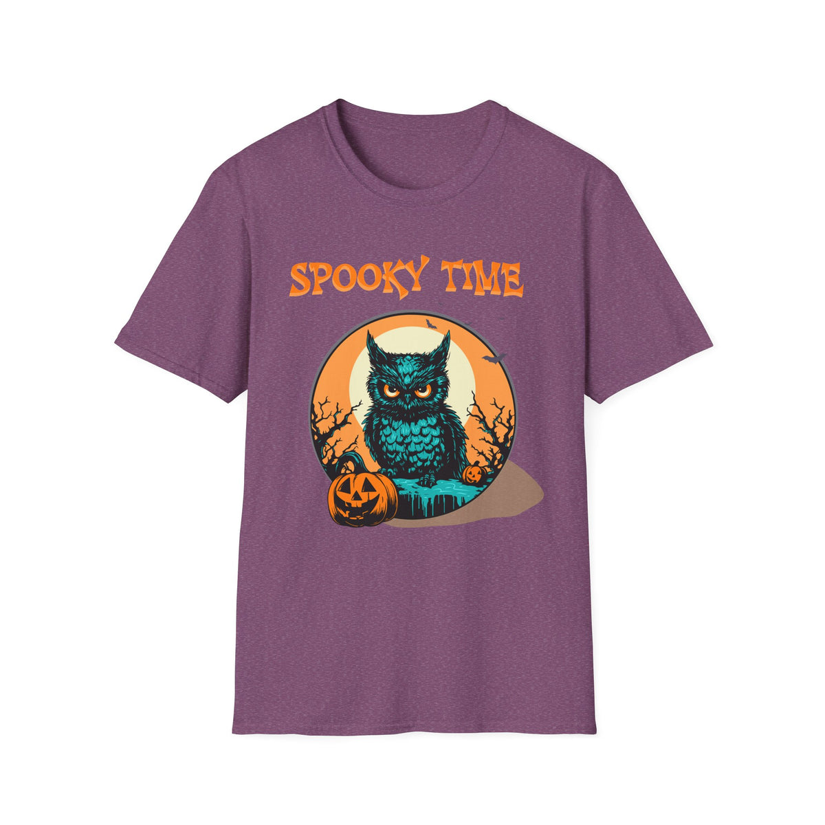 Heather purple t-shirt with a sinister owl in front of a full moon background. Orange halloween font saying Spooky Time. Brilliantmischief.shop