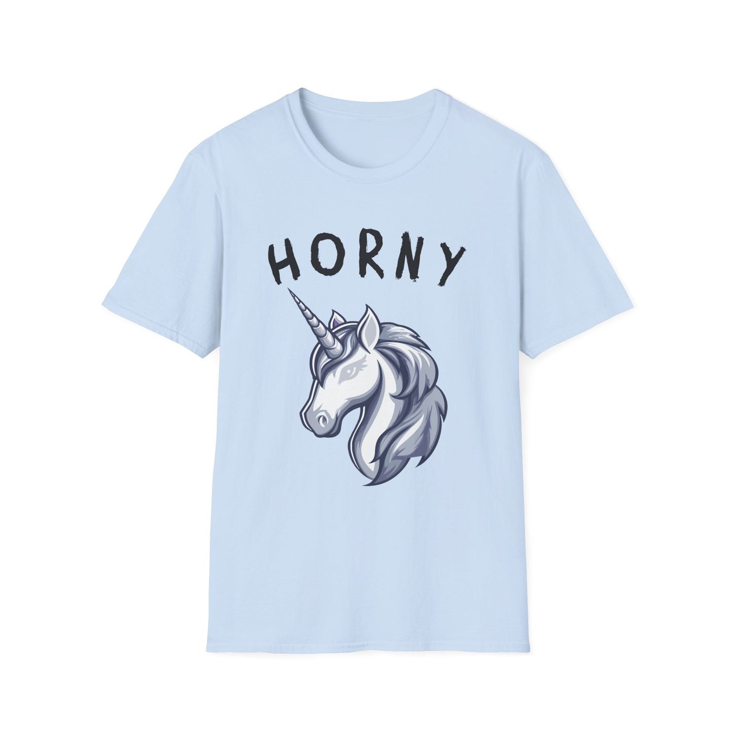 Light blue shirt with a sketch of a unicorn head black text 'Horny' Brilliantmischief.shop