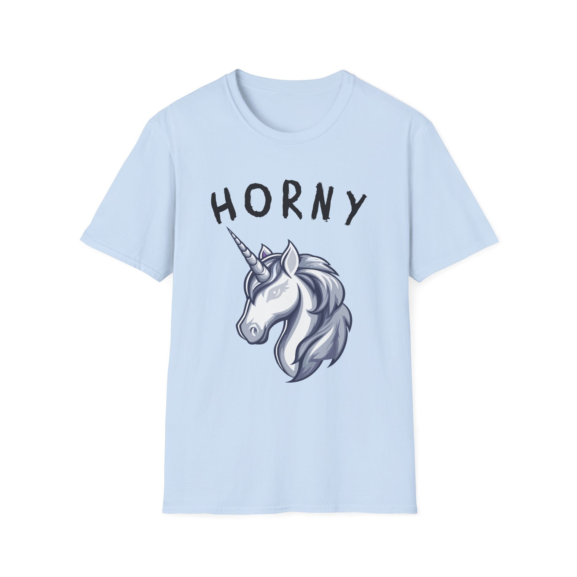 Light blue shirt with a sketch of a unicorn head black text 'Horny' Brilliantmischief.shop