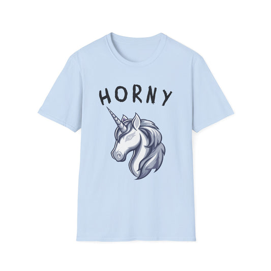 Light blue shirt with a sketch of a unicorn head black text 'Horny' Brilliantmischief.shop