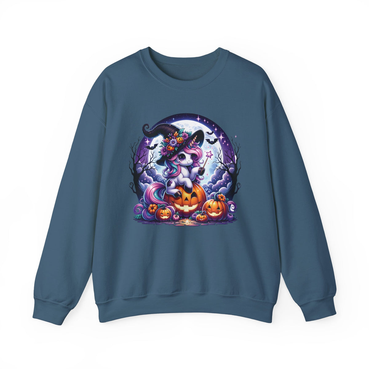 Slate blue womens sweat shirt with a round Halloween graphic showing a unicorn wearing a witch hat and holding a wand sitting on a Jack-o-lantern. Brilliantmischief.shop