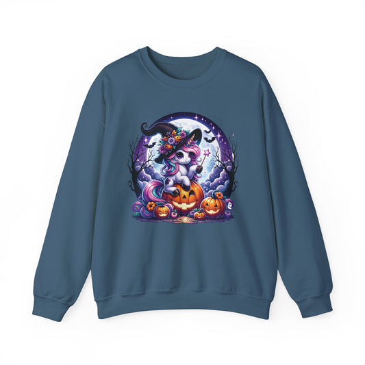 Slate blue womens sweat shirt with a round Halloween graphic showing a unicorn wearing a witch hat and holding a wand sitting on a Jack-o-lantern. Brilliantmischief.shop