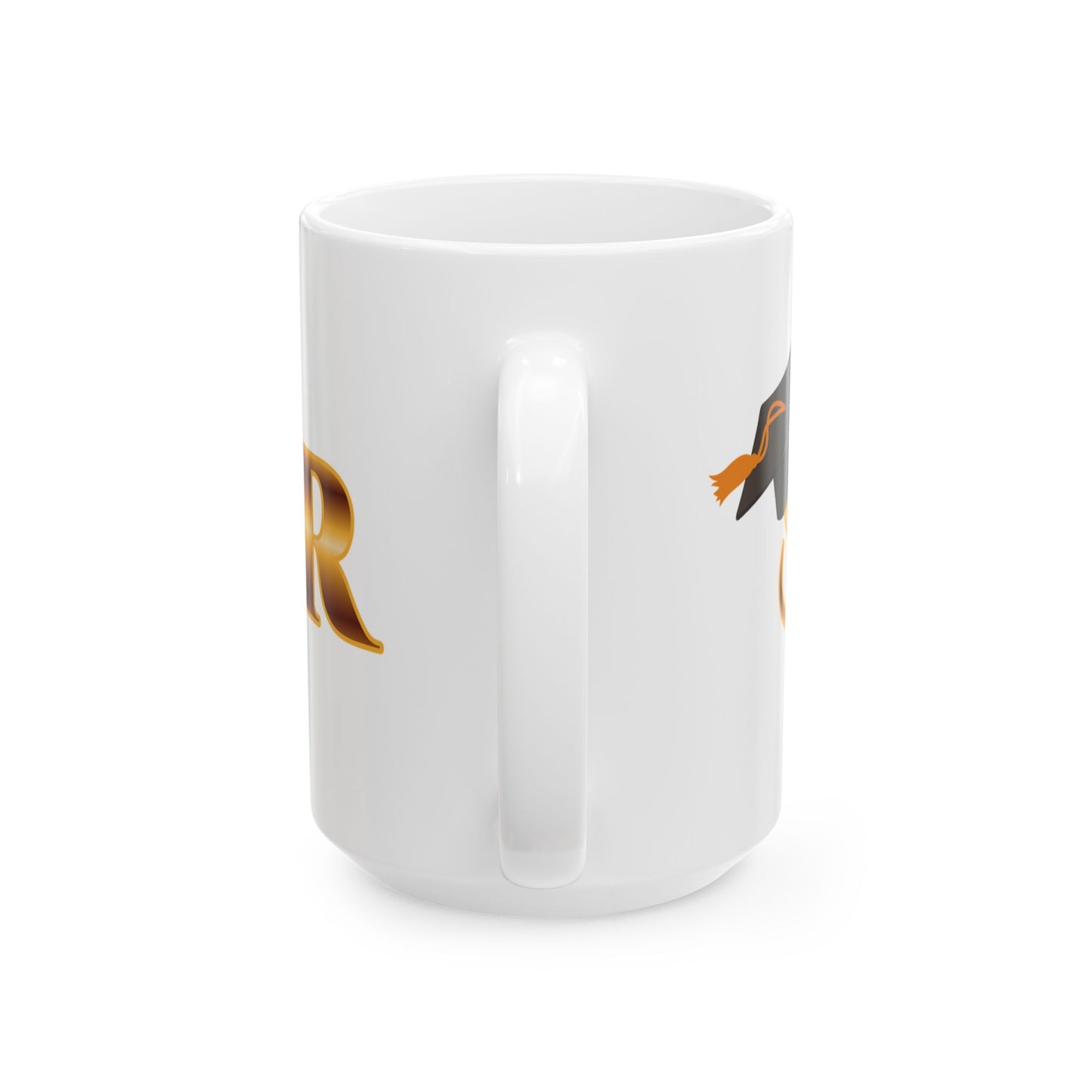 White mug gold text Senior black 2026 handle view. Brilliantmischief.shop