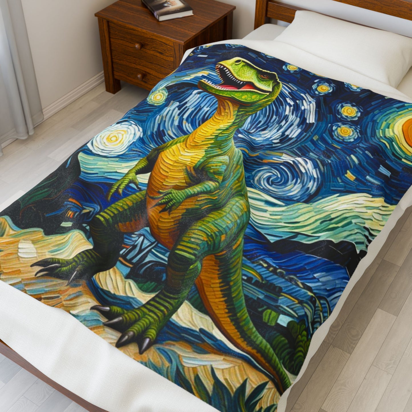Rex Van Gogh Dinosaur Art Plush Blanket - Cozy Velveteen Throw for Kids, Nursery Decor, Unique Gift for Birthdays, Holidays, or Baby Showers