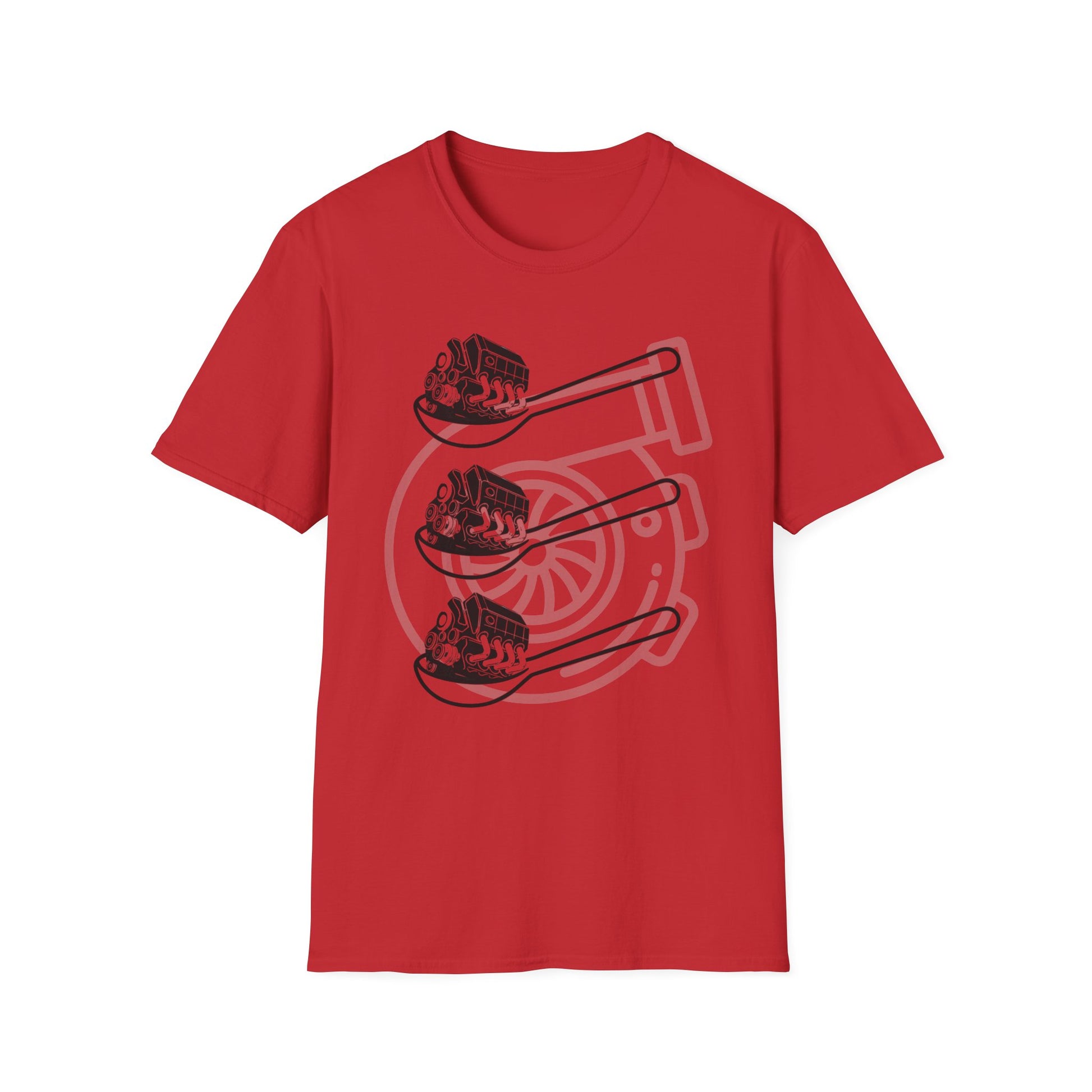 Red t-shirt with black graphic design of three spoons each holding a car engine. Brilliantmischief.shop