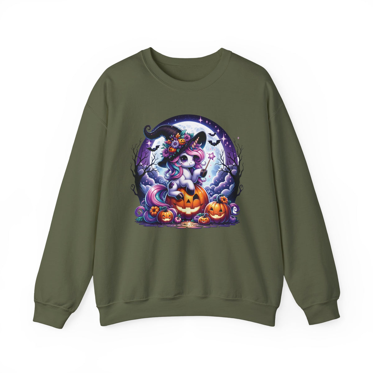 Olive green womens sweat shirt with a round Halloween graphic showing a unicorn wearing a witch hat and holding a wand sitting on a Jack-o-lantern. Brilliantmischief.shop