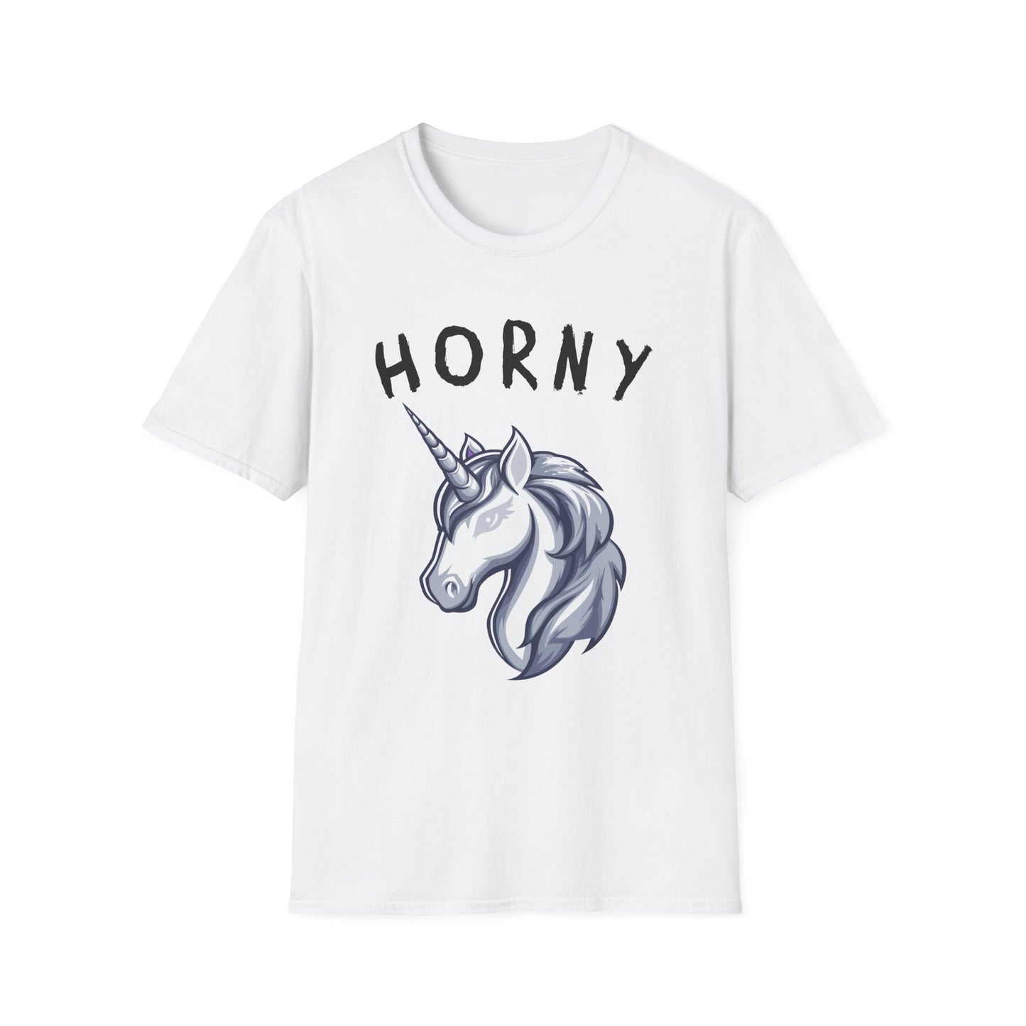 White shirt with a sketch of a unicorn head black text 'Horny' Brilliantmischief.shop