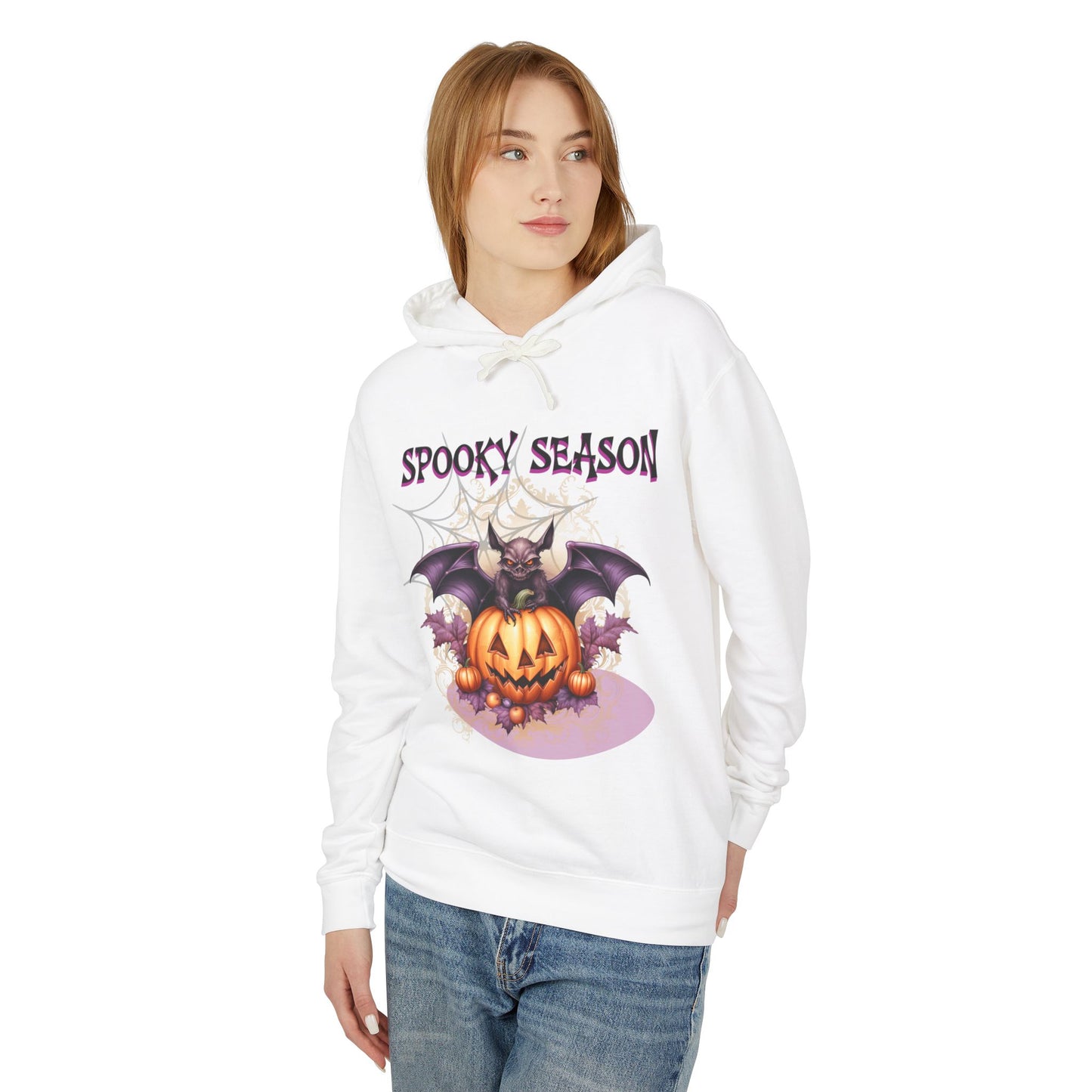 Spooky Season Bat Lightweight Hooded Sweatshirt | Fall Fashion, Halloween Apparel, Cozy Layer, Gift for Her, Pumpkin Design
