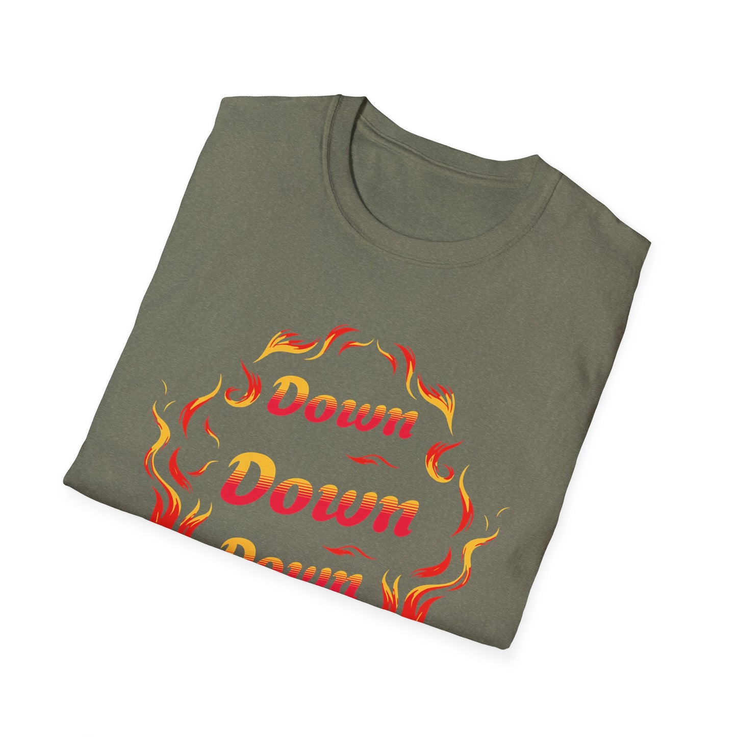 Down Flames Unisex Softstyle T-Shirt - Bold 'Down' Flame Design