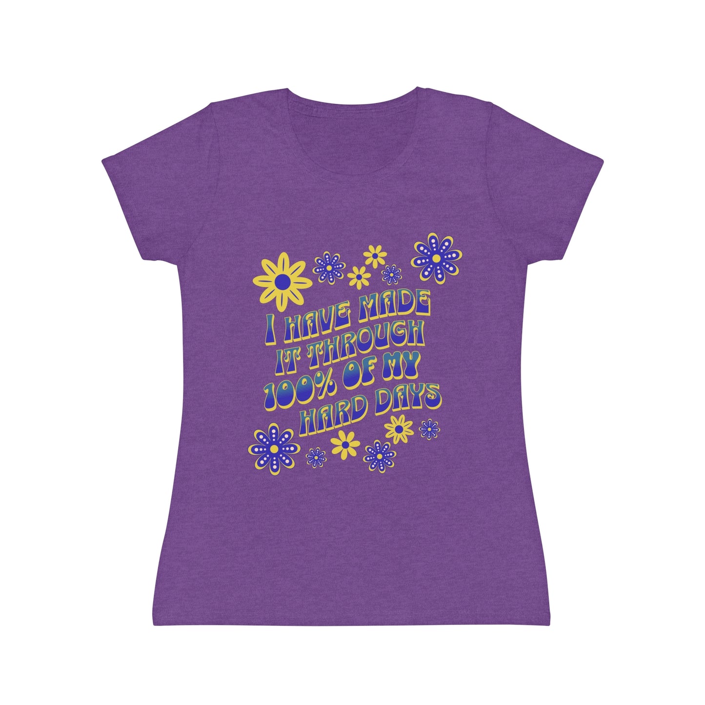 Purple t-shirt with floral design and text 'I have survived 100% of my hard days' BrilliantMischief.shop