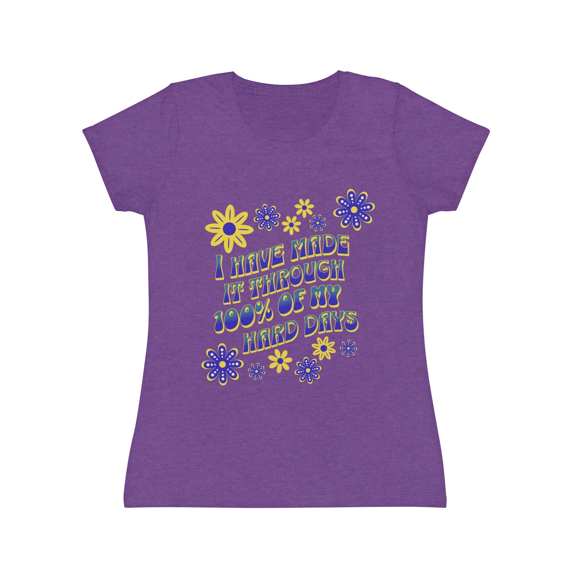 Purple t-shirt with floral design and text 'I have survived 100% of my hard days' BrilliantMischief.shop