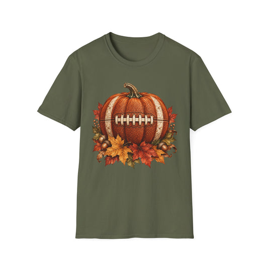 Army green t-shirt featuring a graphic of a pumpkin decorated like a football sitting atop autumn leaves.