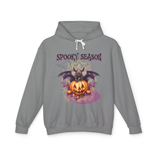 Spooky Season Bat Lightweight Hooded Sweatshirt | Fall Fashion, Halloween Apparel, Cozy Layer, Gift for Her, Pumpkin Design