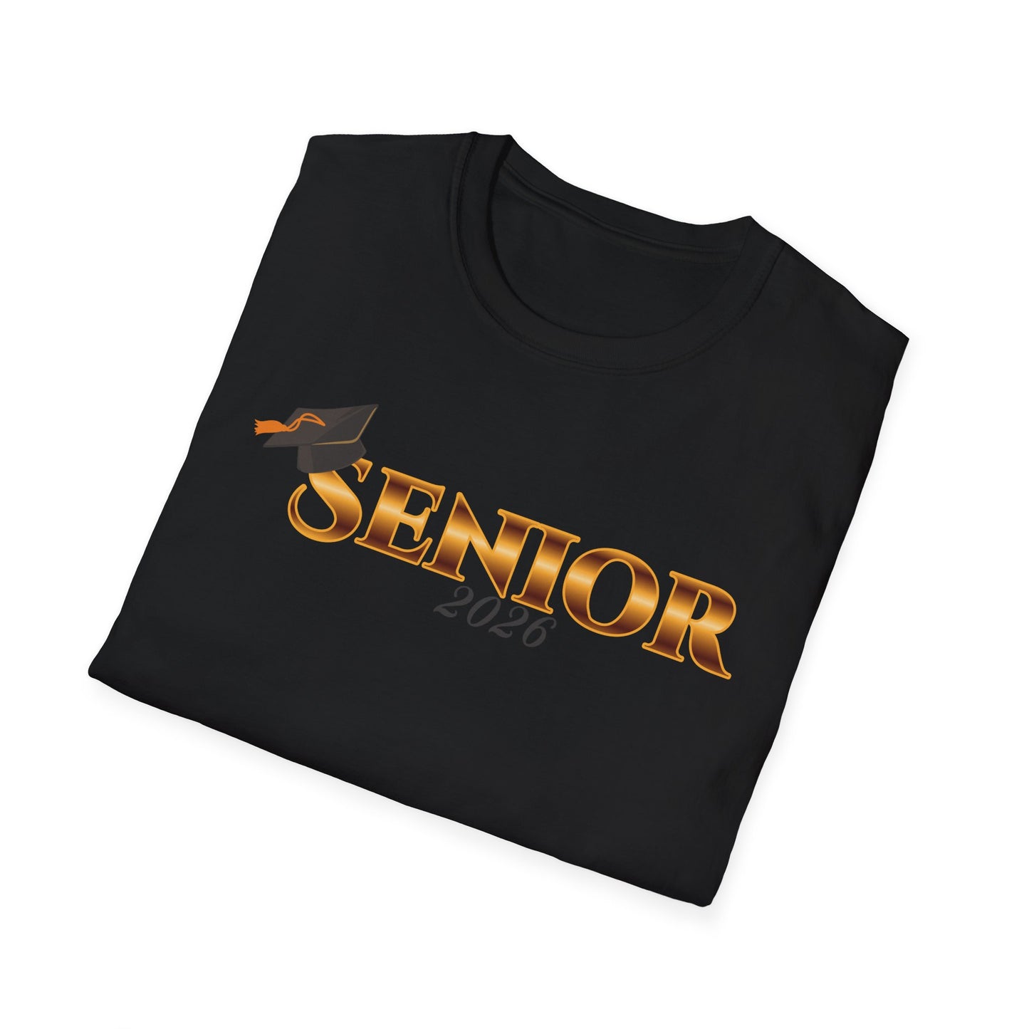 Folded black t-shirt with 'Senior 2026' gold text design.
Brilliantmischief.shop