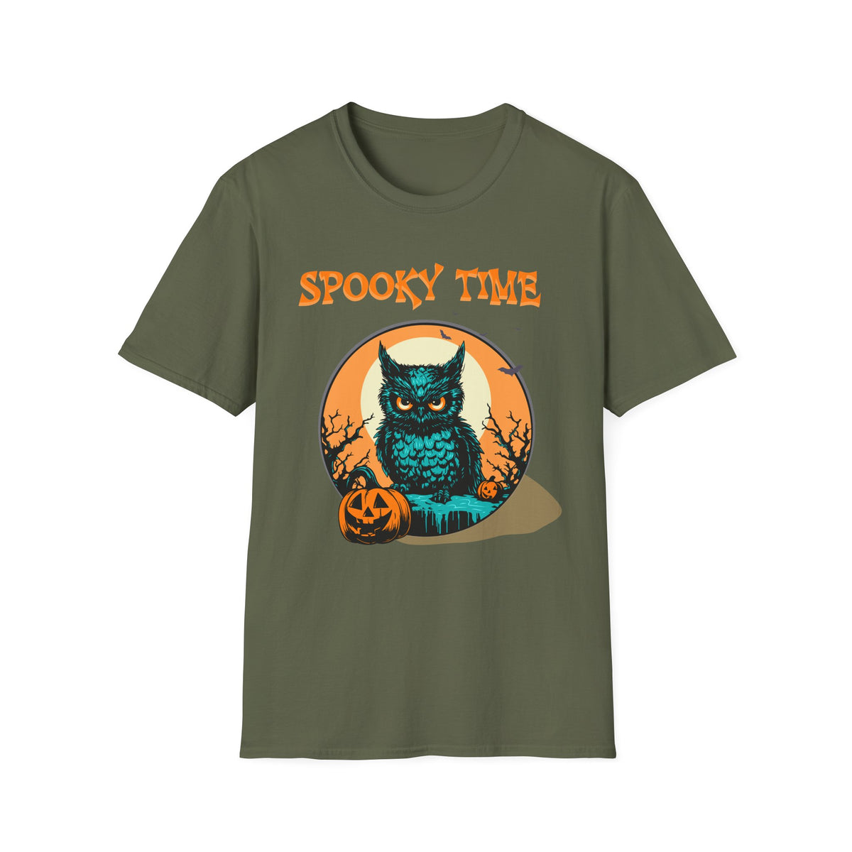 Olive green t-shirt with a sinister owl in front of a full moon background. Orange halloween font saying Spooky Time. Brilliantmischief.shop