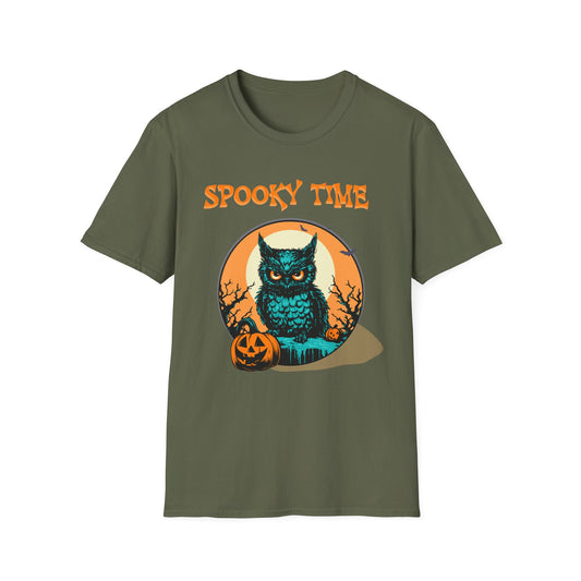 Olive green t-shirt with a sinister owl in front of a full moon background. Orange halloween font saying Spooky Time. Brilliantmischief.shop