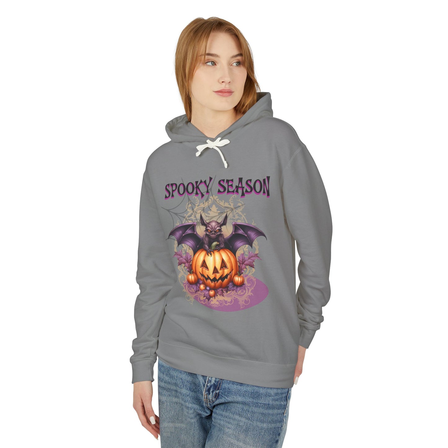 Spooky Season Bat Lightweight Hooded Sweatshirt | Fall Fashion, Halloween Apparel, Cozy Layer, Gift for Her, Pumpkin Design
