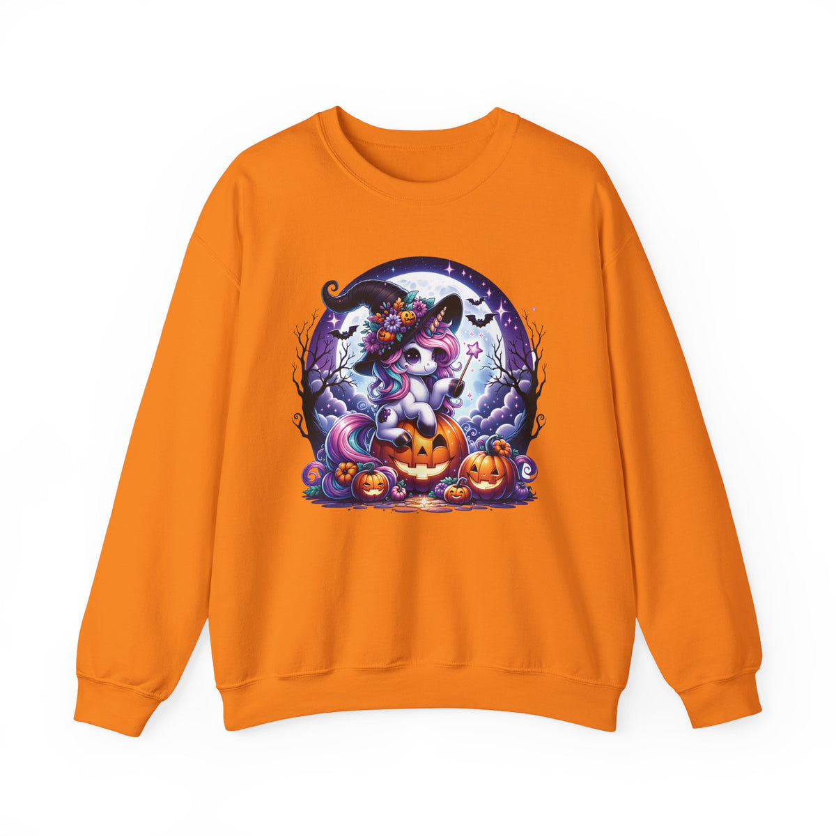 Orange womens sweat shirt with a round Halloween graphic showing a unicorn wearing a witch hat and holding a wand sitting on a Jack-o-lantern. Brilliantmischief.shop