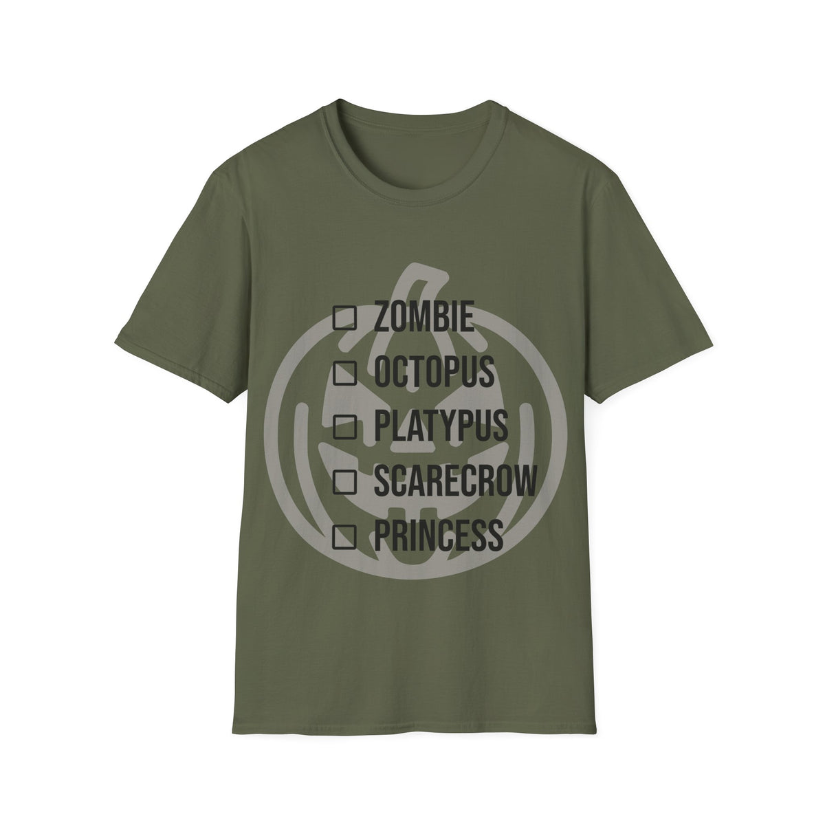 Army green t-shirt with a light jack-o-lantern graphic behind a checklist of the following costumes ('ZOMBIE', 'OCTOPUS', 'PLATYPUS', 'SCARECROW', 'PRINCESS') next to empty checkbox icons. Brilliantmischief.shop