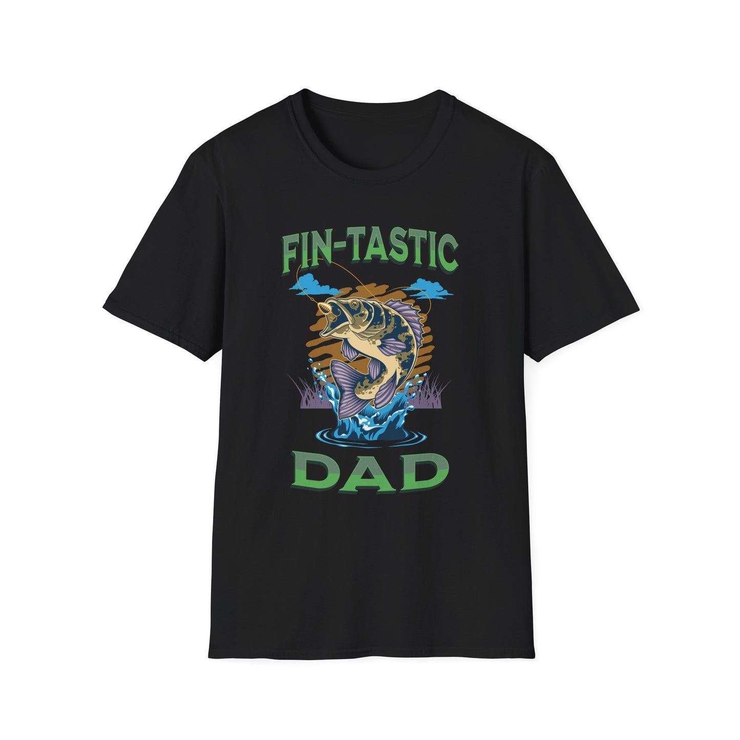 Black T-shirt with a fish graphic with green text 'Fin-tastic DAD' BrilliantMischief.shop
