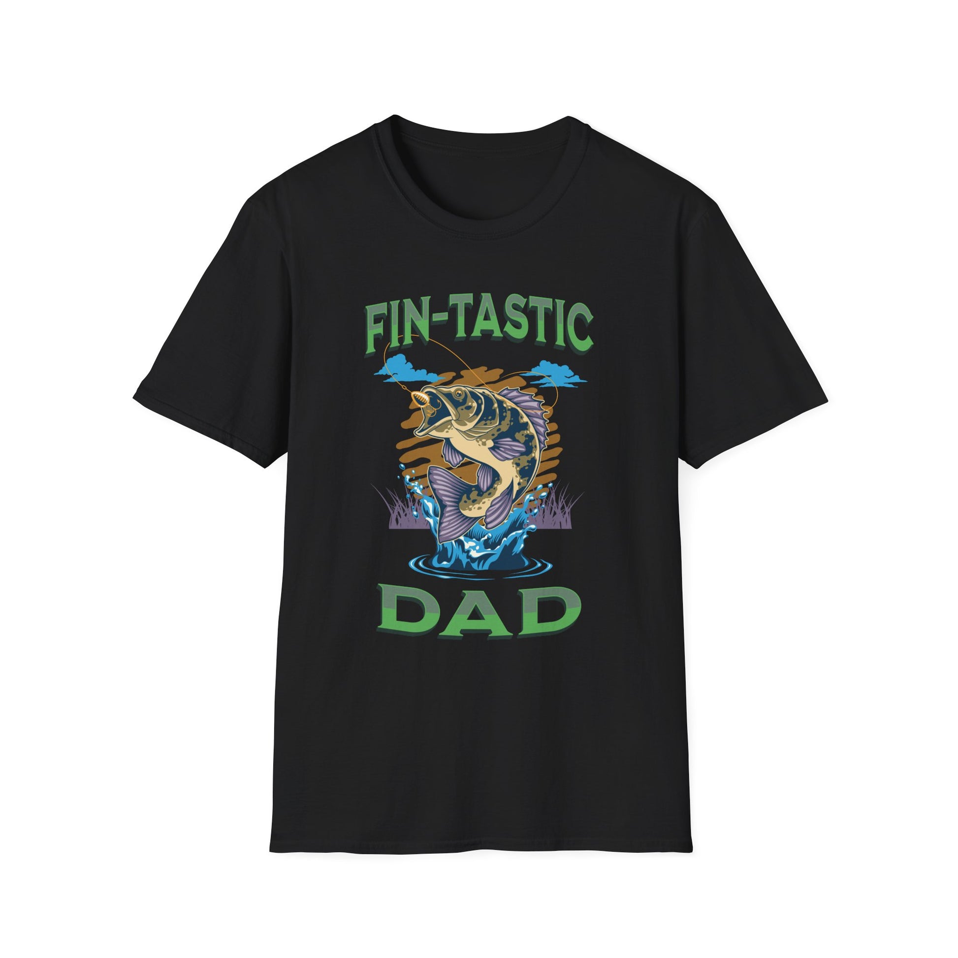 Black T-shirt with a fish graphic with green text 'Fin-tastic DAD' BrilliantMischief.shop