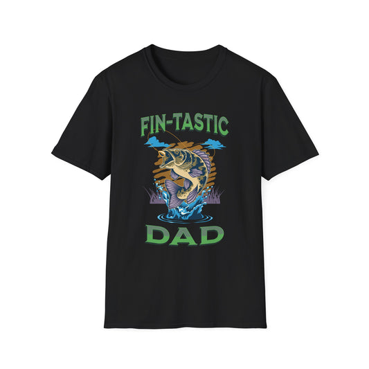 Black T-shirt with a fish graphic with green text 'Fin-tastic DAD' BrilliantMischief.shop