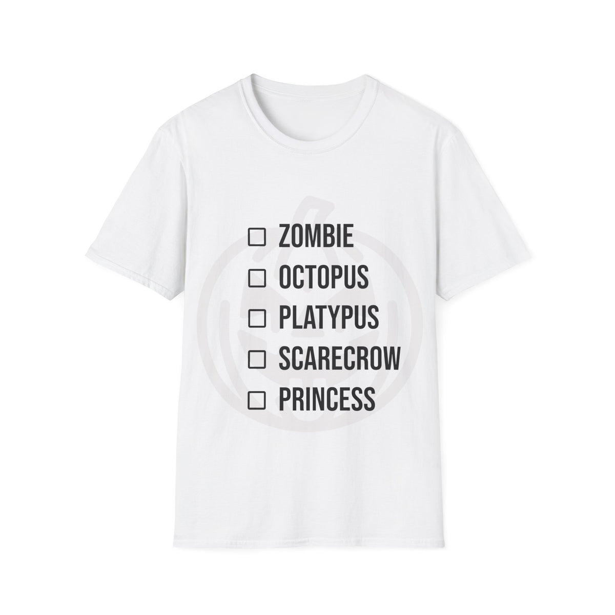 White t-shirt with a light jack-o-lantern graphic behind a checklist of the following costumes ('ZOMBIE', 'OCTOPUS', 'PLATYPUS', 'SCARECROW', 'PRINCESS') next to empty checkbox icons. Brilliantmischief.shop