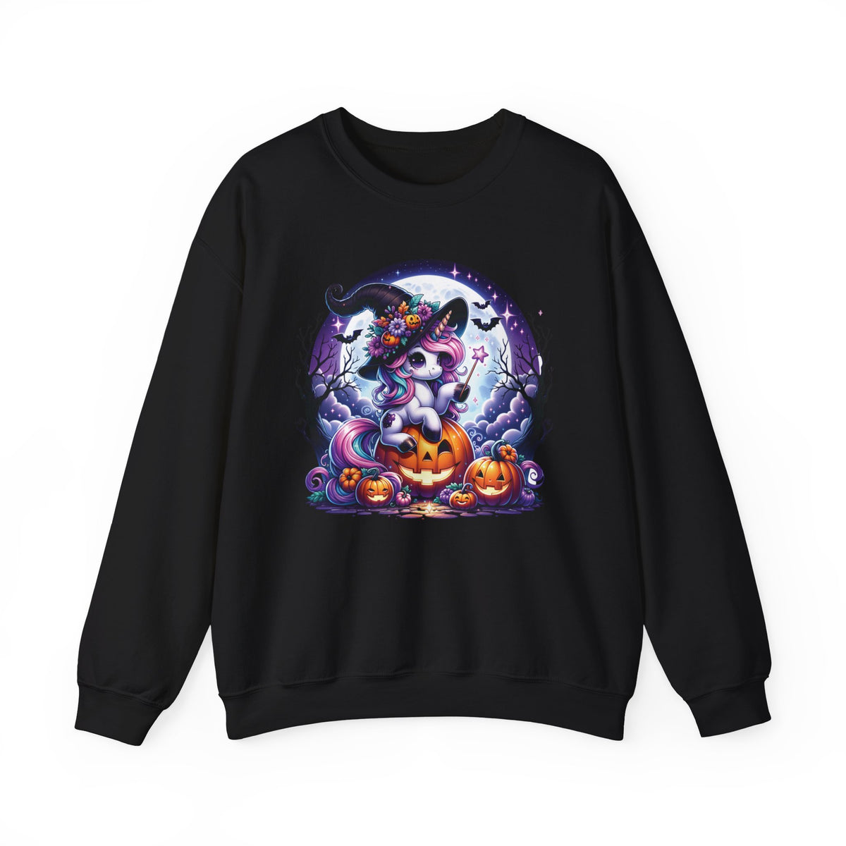 Black womens sweat shirt with a round Halloween graphic showing a unicorn wearing a witch hat and holding a wand sitting on a Jack-o-lantern. Brilliantmischief.shop