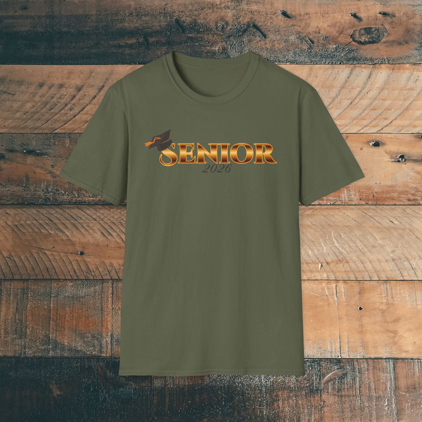 Army green t-shirt with 'Senior 2026' gold text design on a wooden background.
Brilliantmischief.shop