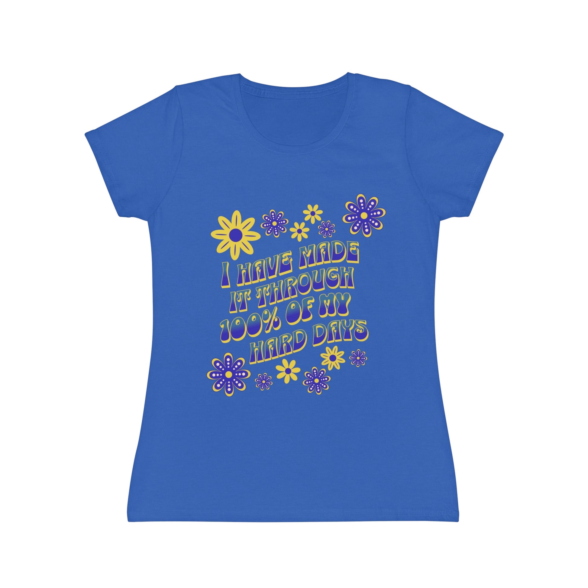 Blue t-shirt with floral design and text 'I have survived 100% of my hard days' BrilliantMischief.shop