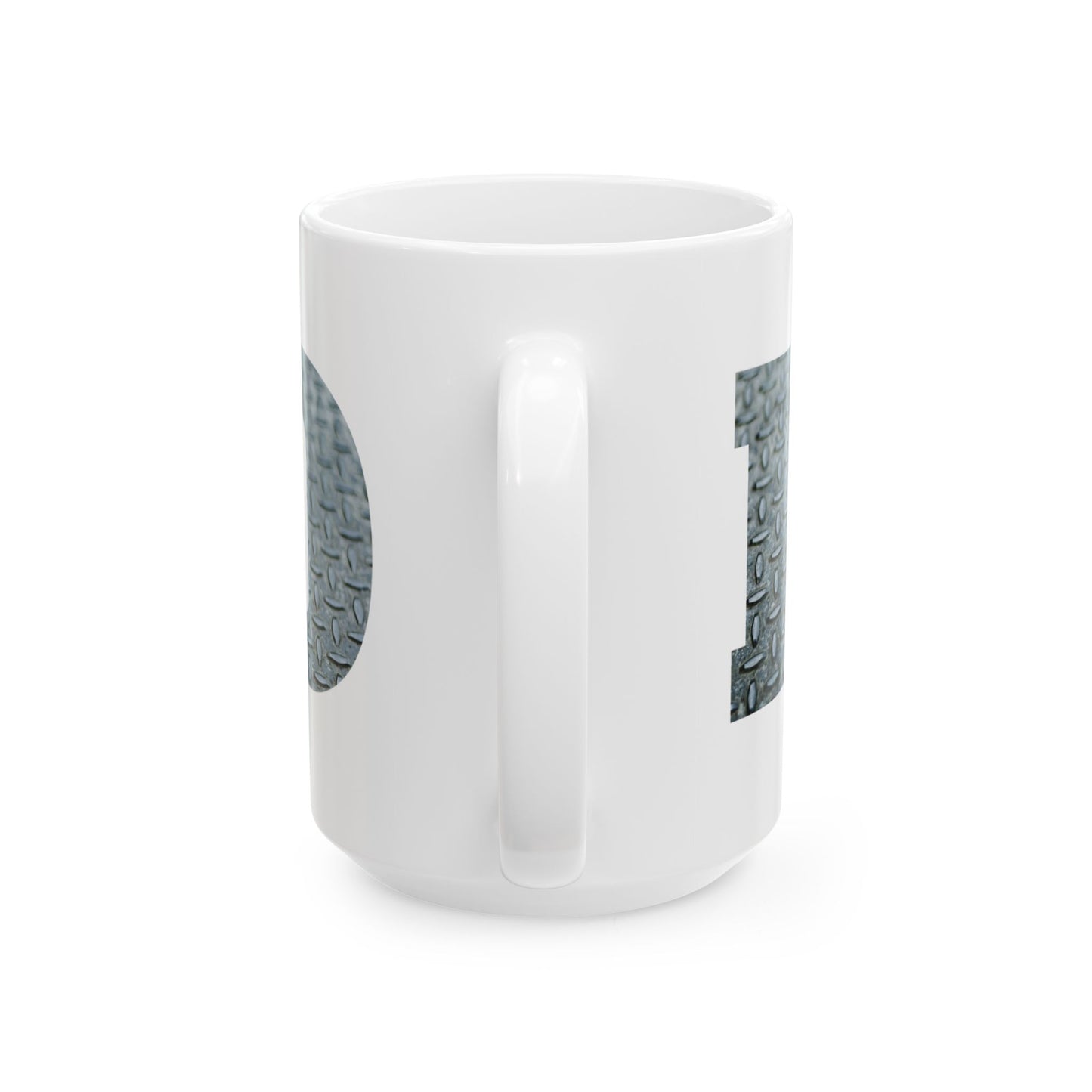 White mug with a silver Diamond plate design within 'DAD' text on a white background handle view. Brilliantmischief.shop