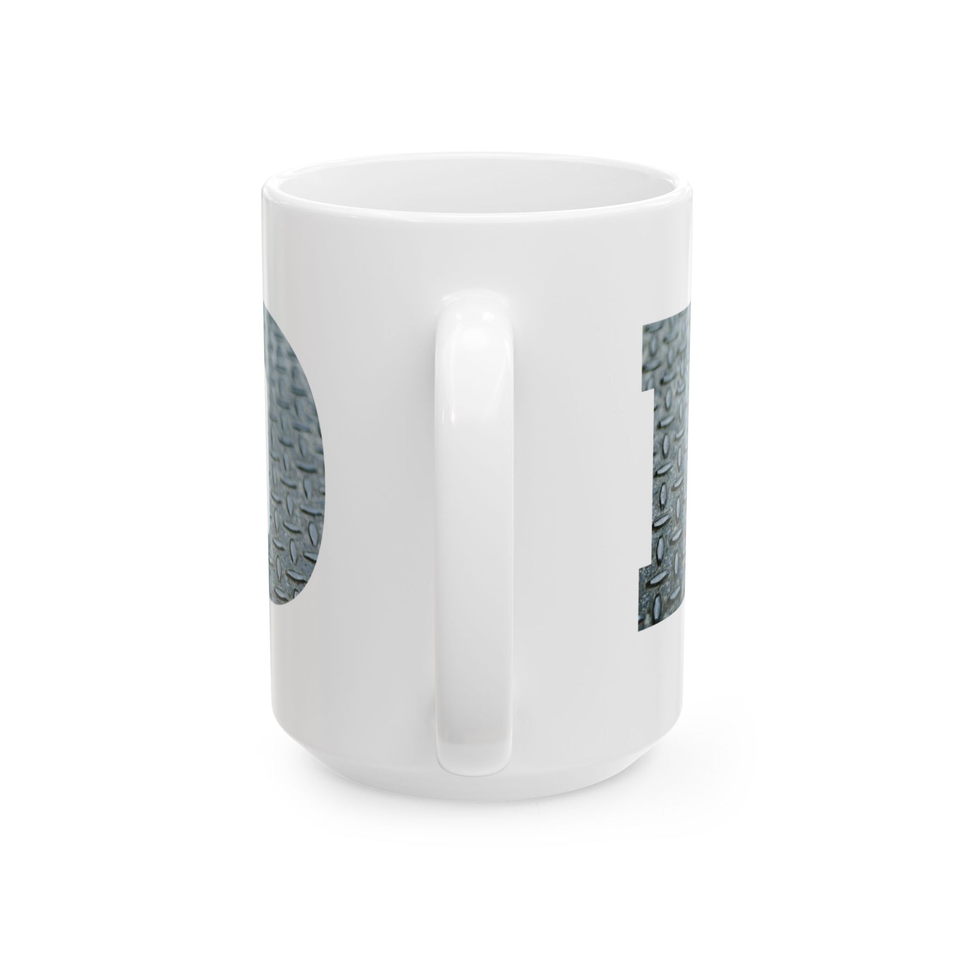 White mug with a silver Diamond plate design within 'DAD' text on a white background handle view. Brilliantmischief.shop