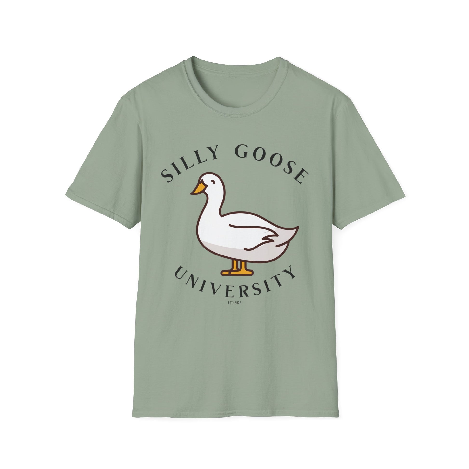 Light sage t-shirt with a goose graphic and 'Silly Goose University' in black text . Brilliantmichief.shop