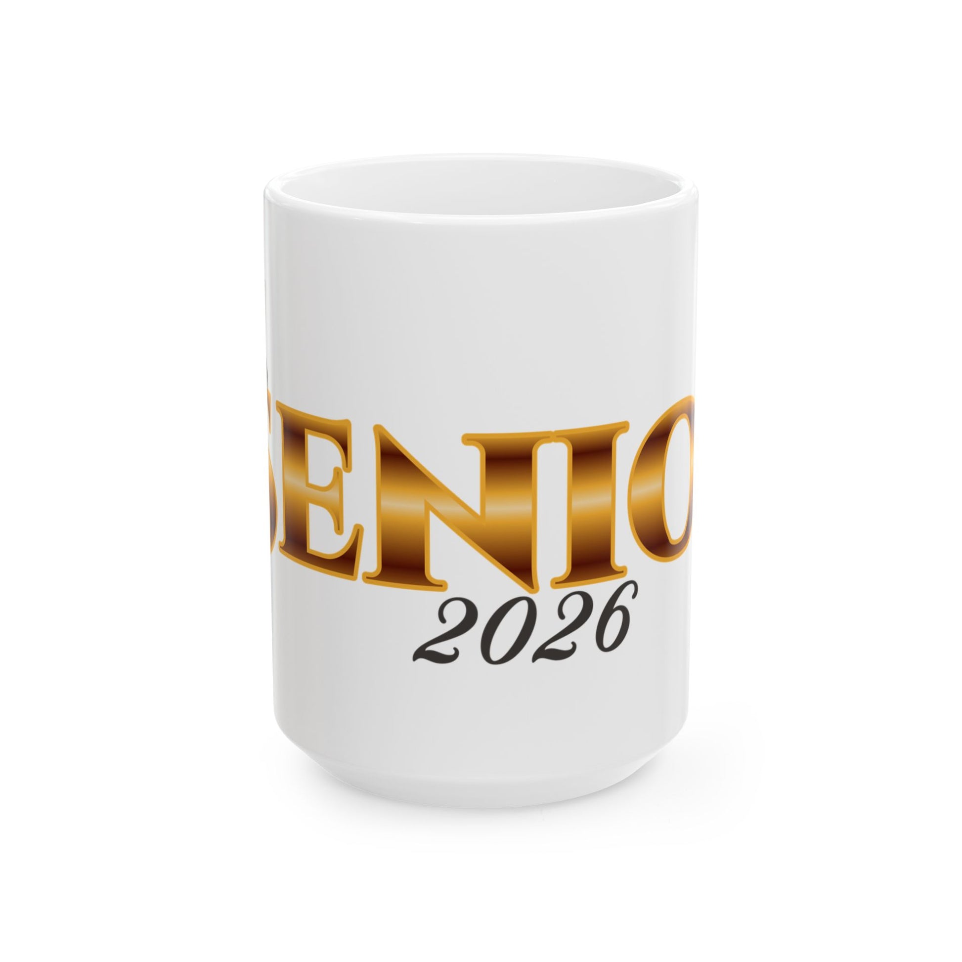 White mug gold text Senior black 2026 front view. Brilliantmischief.shop