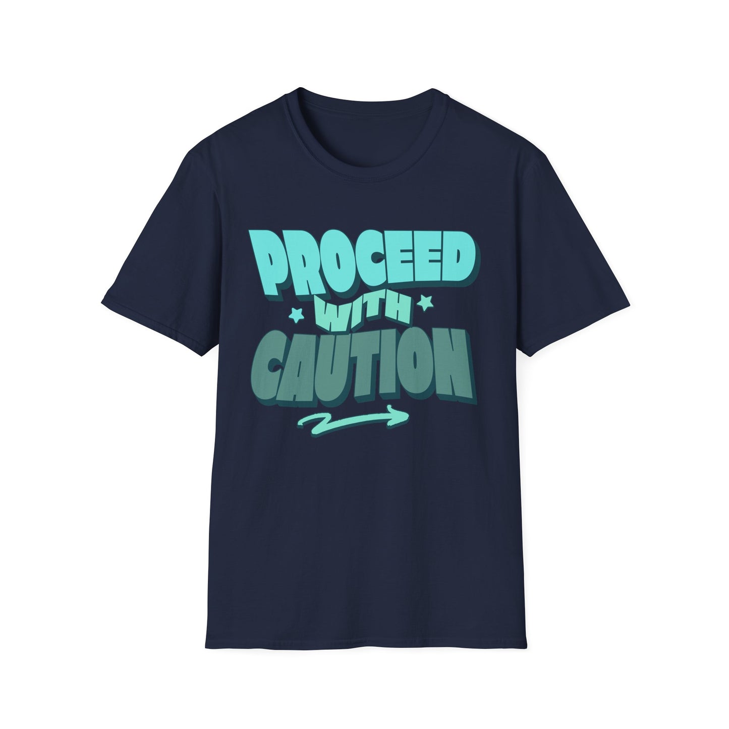 Navy t-shirt with 'Proceede with Caution' text in teal. Brilliantischief.shop