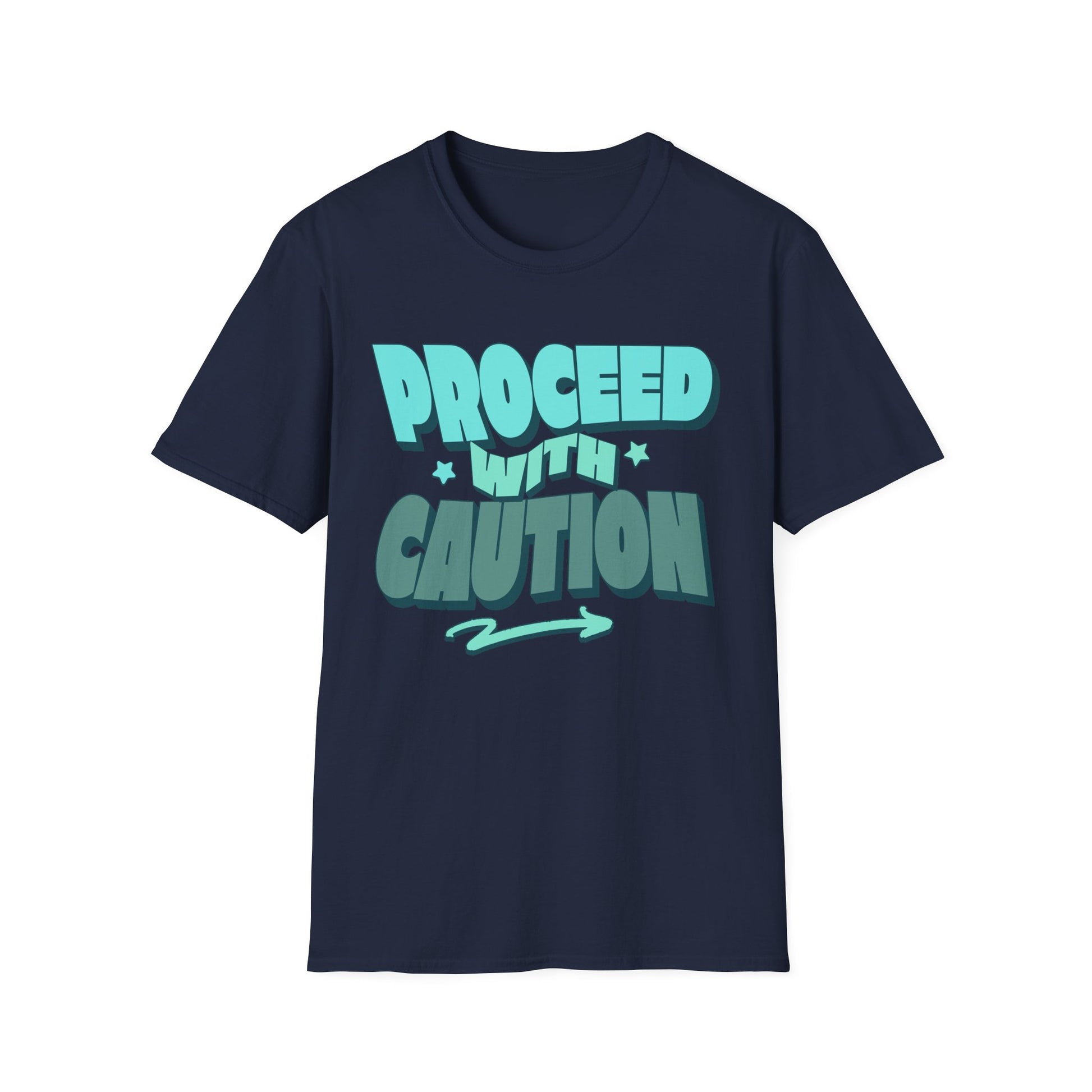 Navy t-shirt with 'Proceede with Caution' text in teal. Brilliantischief.shop