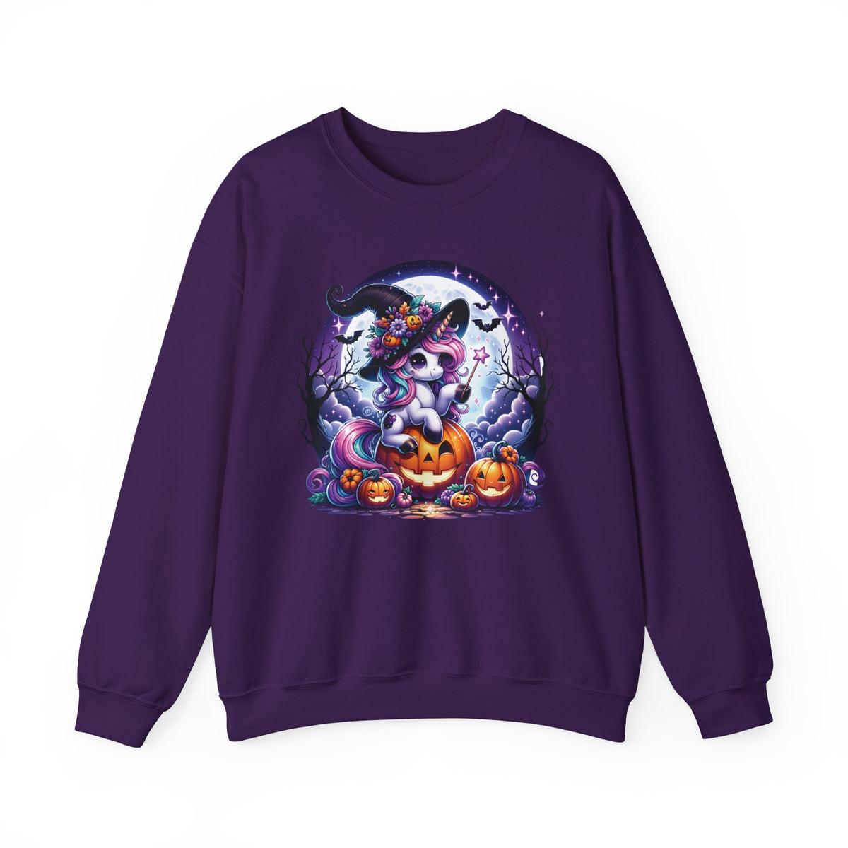 Purple womens sweat shirt with a round Halloween graphic showing a unicorn wearing a witch hat and holding a wand sitting on a Jack-o-lantern. Brilliantmischief.shop