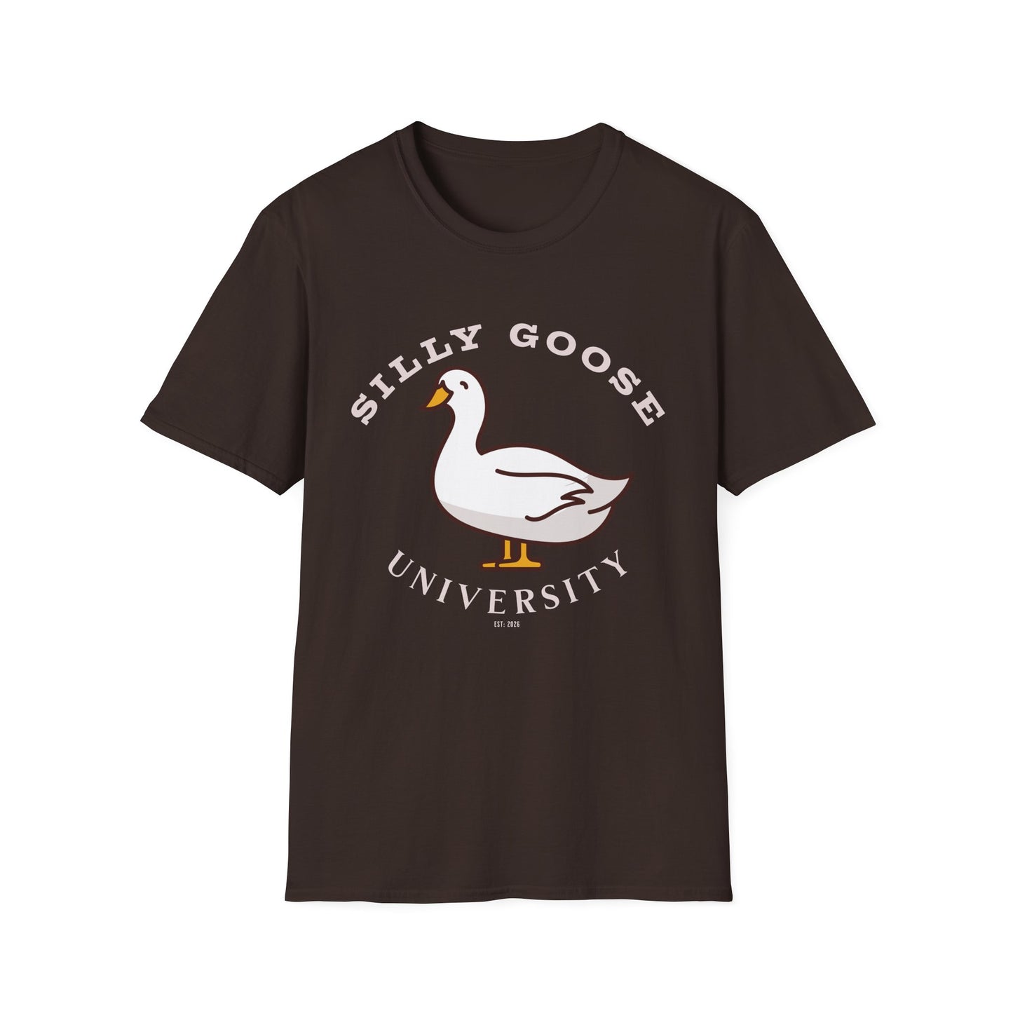  Brown t-shirt with a goose graphic and 'Silly Goose University' in white text . Brilliantmichief.shop