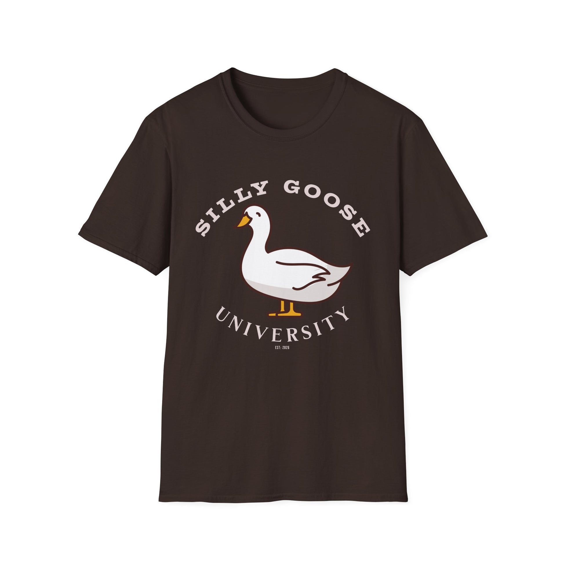  Brown t-shirt with a goose graphic and 'Silly Goose University' in white text . Brilliantmichief.shop