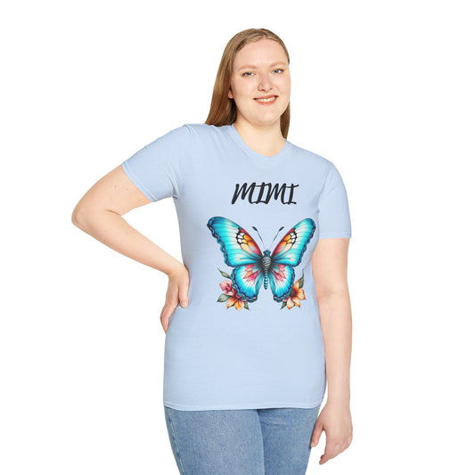 Mimi Butterfly Unisex Softstyle T-Shirt - Vibrant Floral Design, Perfect Gift for Family and Friends