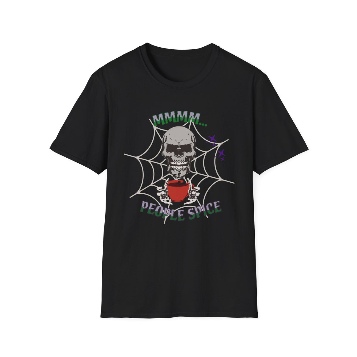 Black t-shirt with a skull in front of a spider web holding a red mug. Spooky gray and green text 'Mmmm... people spice' Brilliantmischief.shop