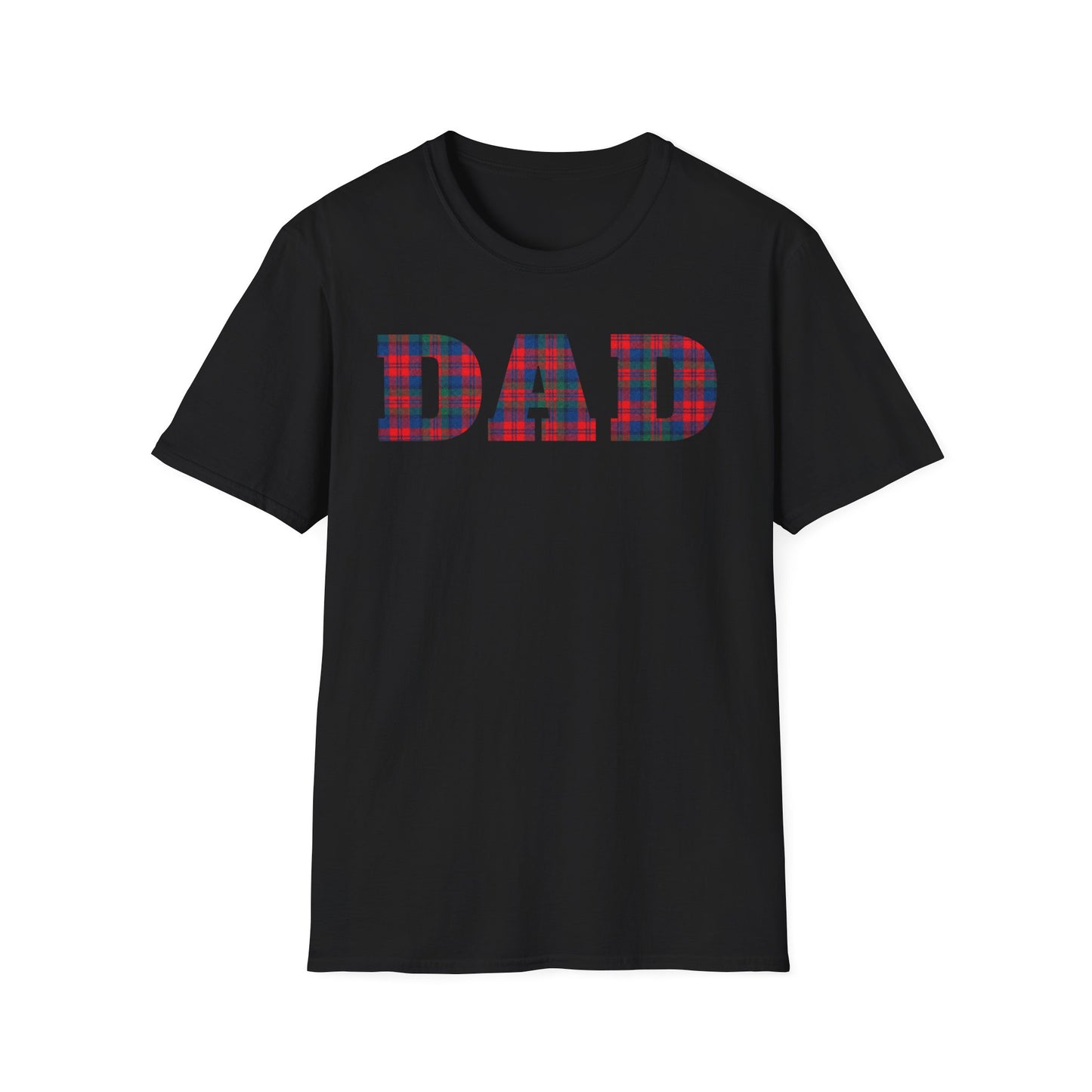 Black t-shirt with 'DAD' in red blue and green plaid letters on a white background. Brilliantmischief.shop