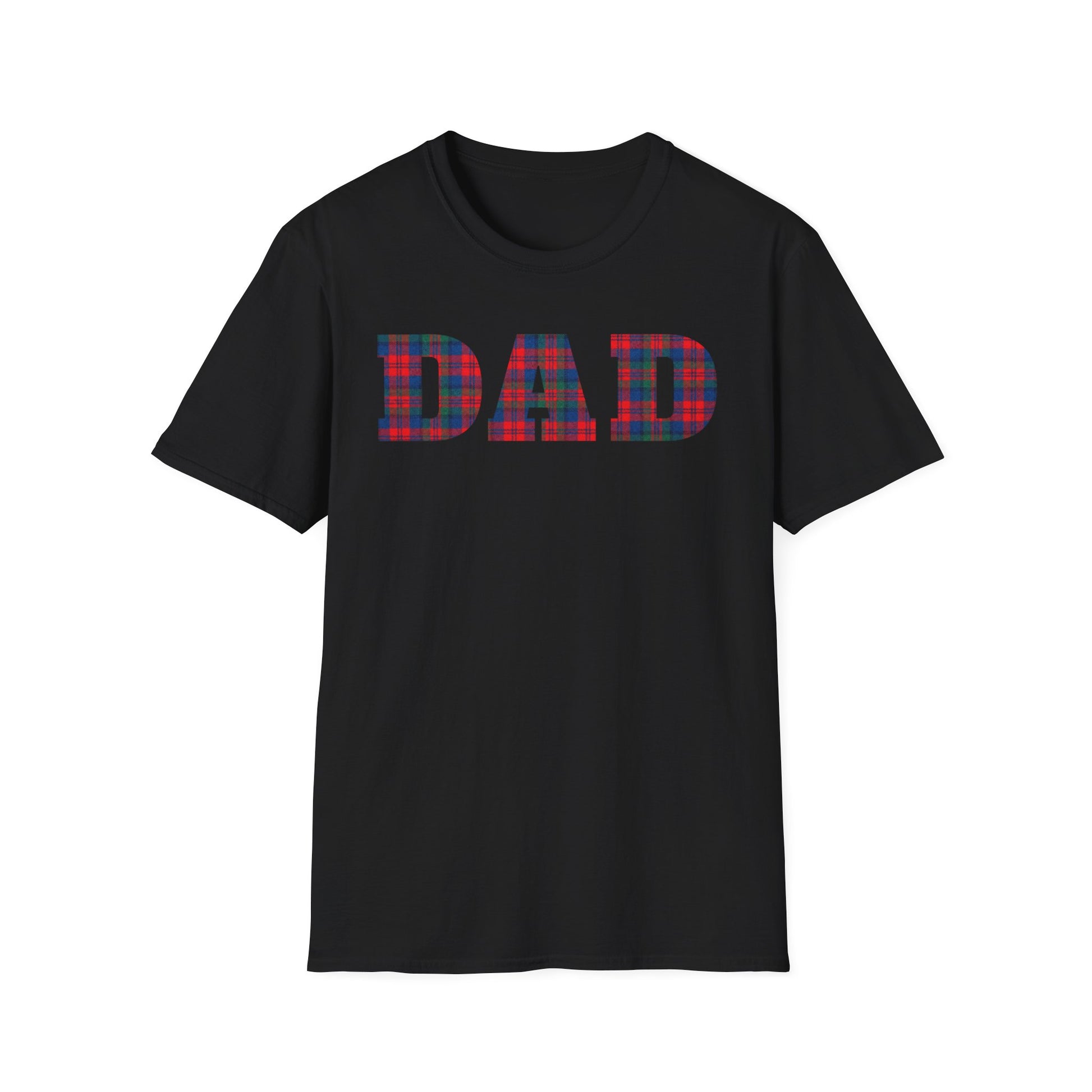 Black t-shirt with 'DAD' in red blue and green plaid letters on a white background. Brilliantmischief.shop