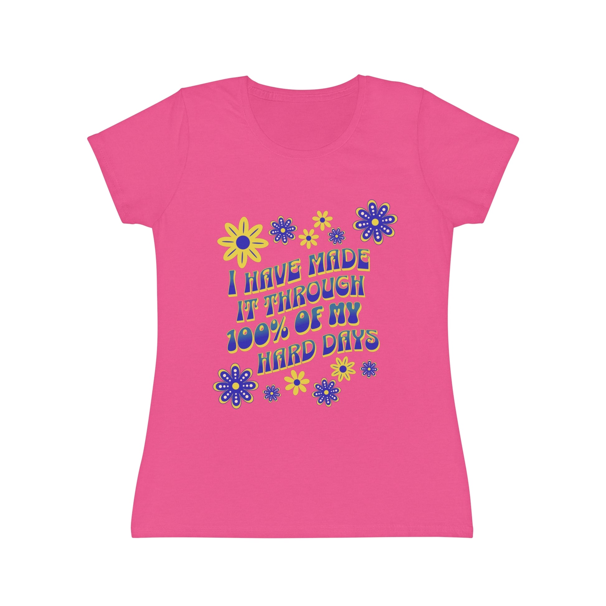 Pink t-shirt with floral design and text 'I have survived 100% of my hard days' BrilliantMischief.shop