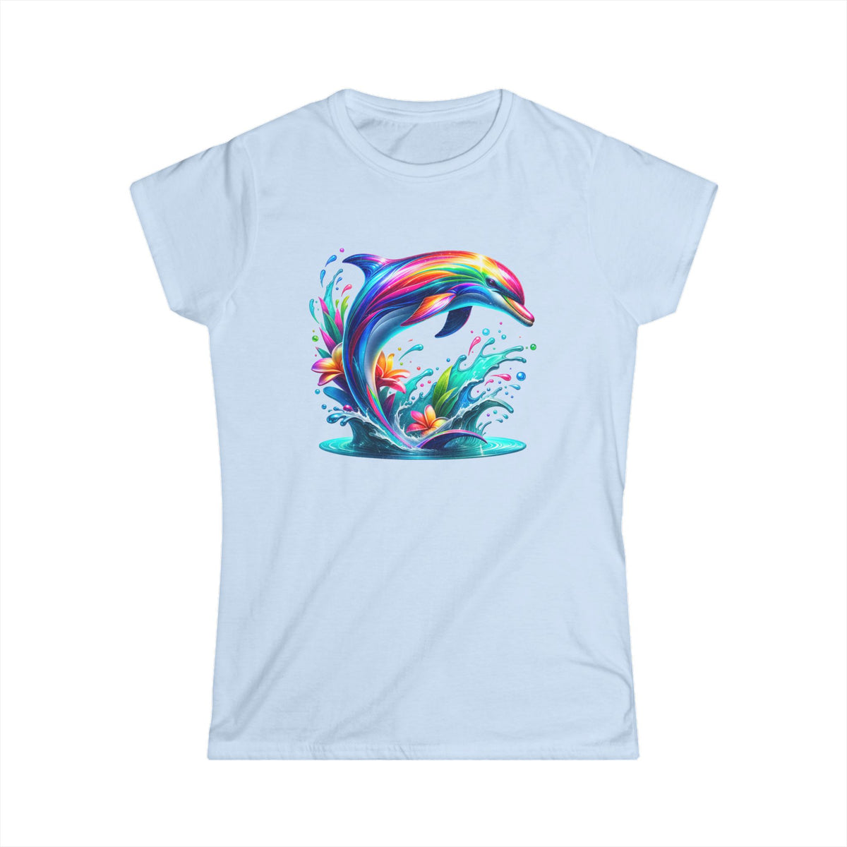 Colorful Dolphin Women's Softstyle Tee, Beachwear, Gift for Sea Lovers, Summer Vibes, Ocean-Themed Fashion