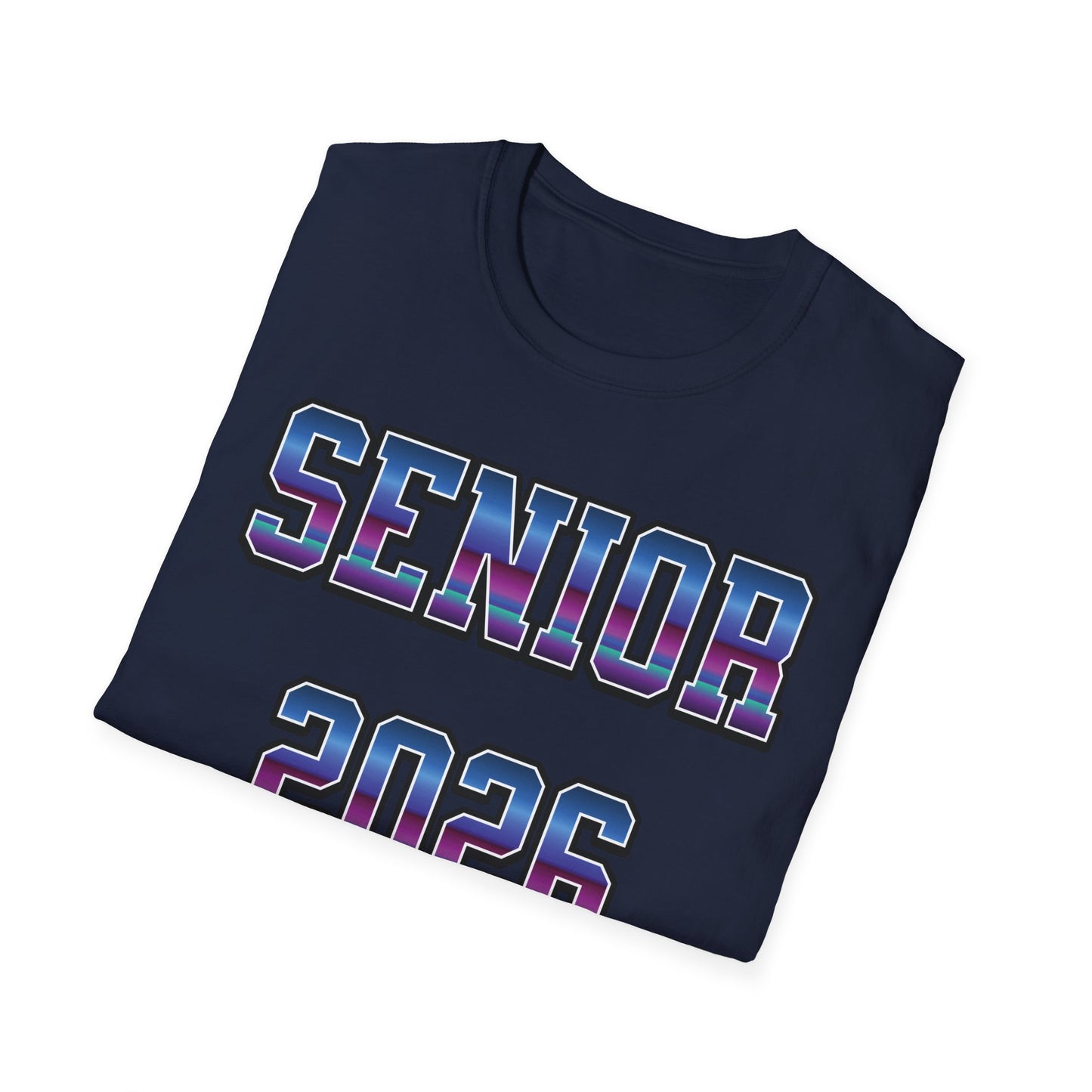 Navy blue t-shirt with 'SENIOR 2026' in purple and blue bold text folded. Brilliantmischief.shop