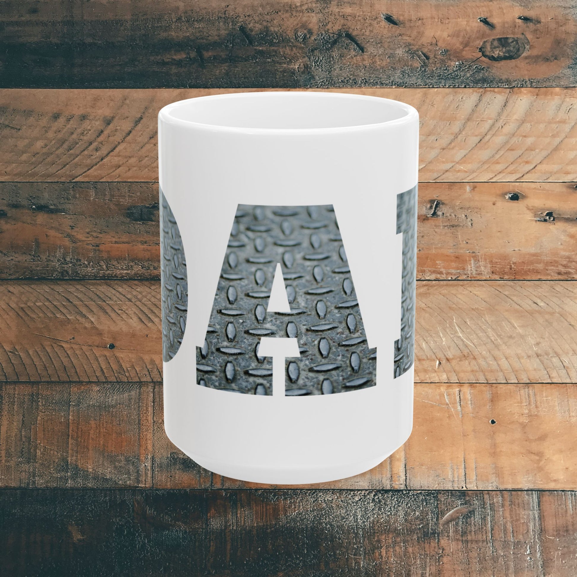 White mug with a silver Diamond plate design within 'DAD' text on a white background front view. Brilliantmischief.shop