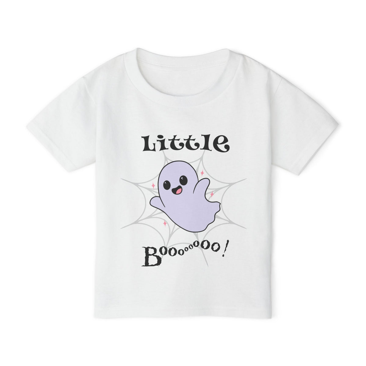 
white short-sleeve kids' t-shirt with a cute cartoon ghost graphic on the front. The graphic features the text 'Little Booooooo!' in a spooky black font, surrounding a small lavender ghost with a spiderweb pattern in the background. Brilliantmischief.shop