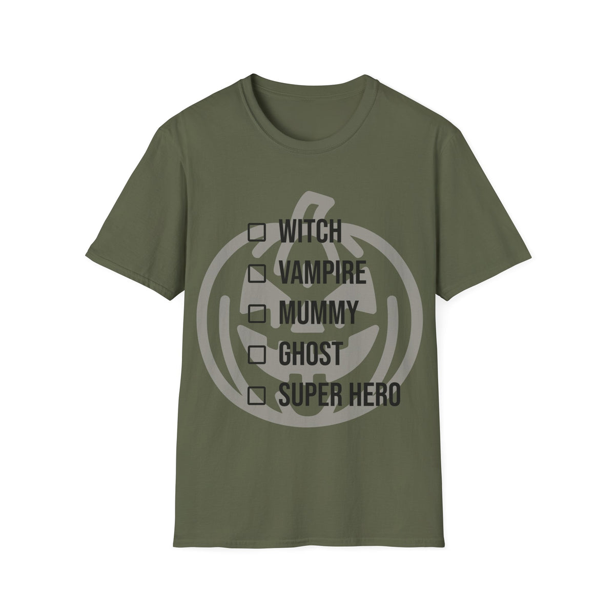 Army green t-shirt with a light jack-o-lantern graphic behind a checklist of the following costumes ('WITCH', 'VAMPIRE', 'MUMMY', 'GHOST', 'SUPER HERO') next to empty checkbox icons. Brilliantmischief.shop